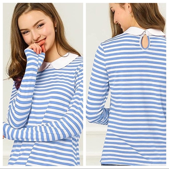 Tops - Allegra K Women's Long Sleeves Peter Pan Contrast Striped Blouse Top